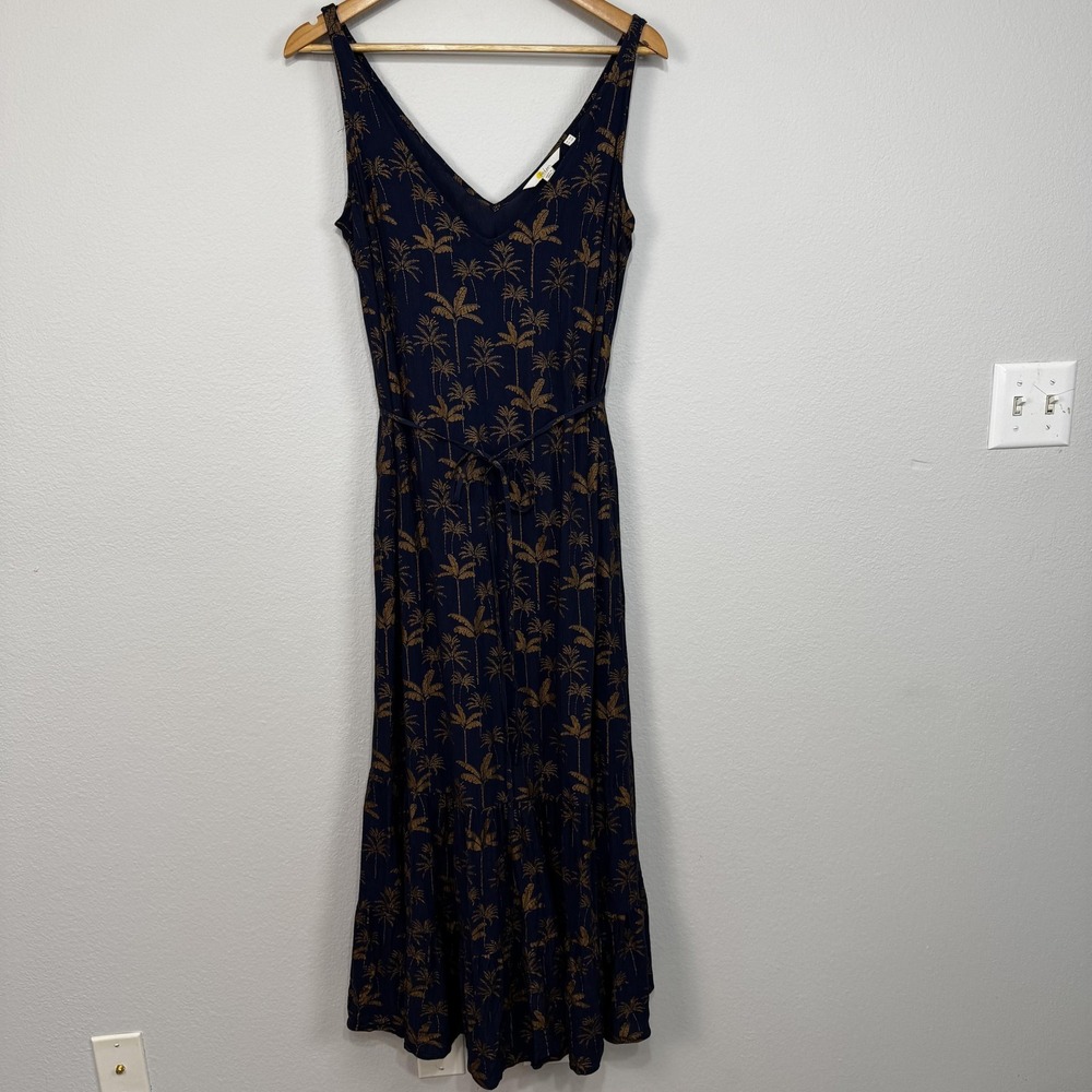 Boden Dress Womens 10 Petite Navy Gold Palm Print Maxi V‎ Neck Sleeveless V Back
